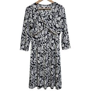 Isadora Dress Sz 8 Black White Paisley V Neck Jersey Knit Flare Midi Stretch